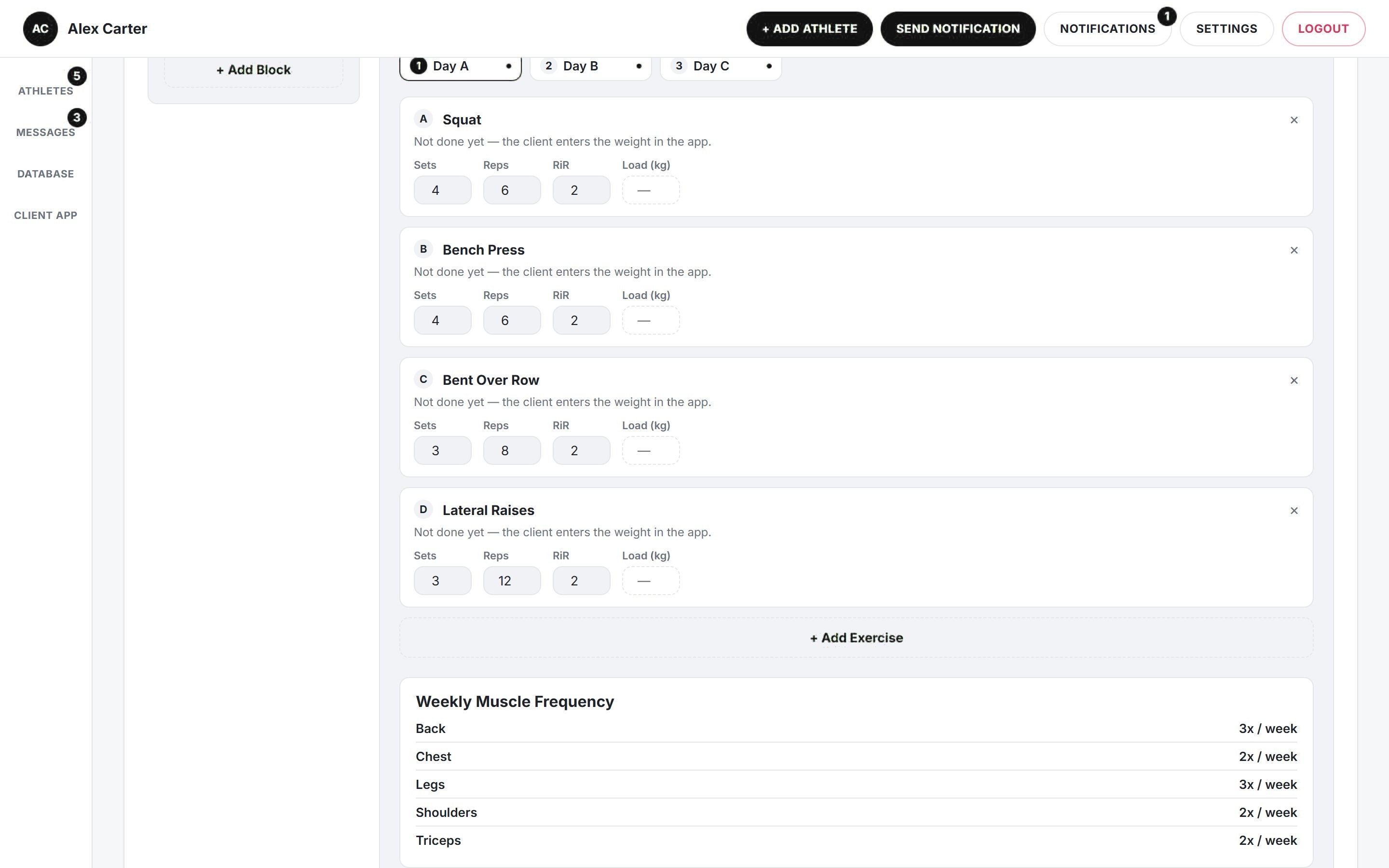 Training program editor with exercises, sets, reps and weekly muscle frequency
