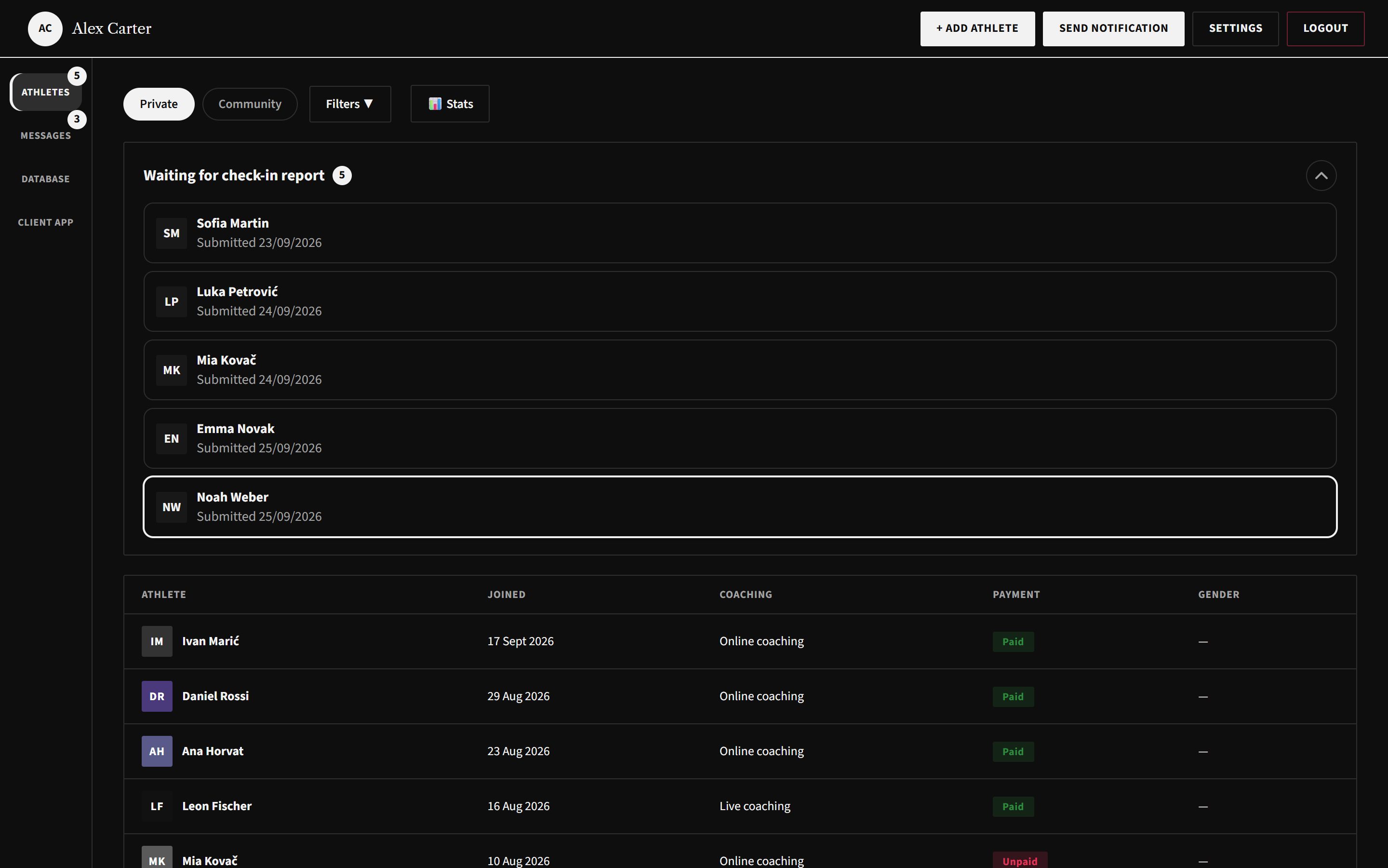UrGymCoach coach dashboard with athletes, check-ins waiting for review and payment status